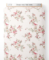 Tissu - Oiseaux roses sur fond crème