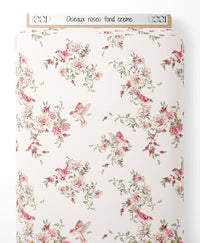 Tissu - Oiseaux roses sur fond crème