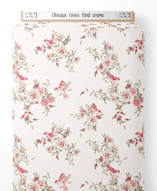 Tissu - Oiseaux roses sur fond crème