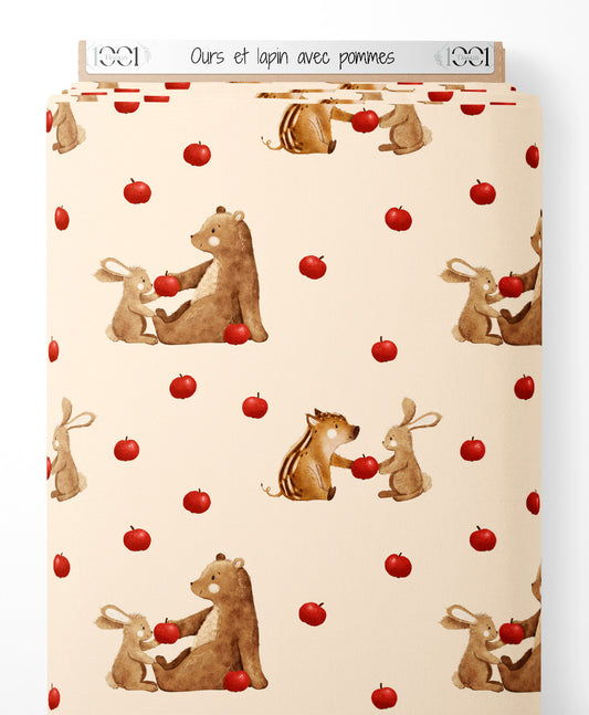 Tissu - Ours et lapin avec pommes