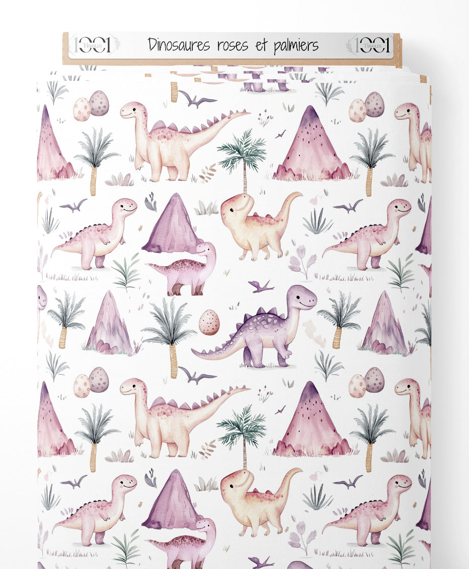 Tissu - Dinosaures roses et palmiers