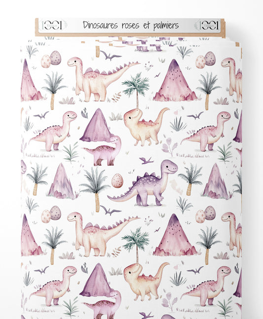 Tissu - Dinosaures roses et palmiers