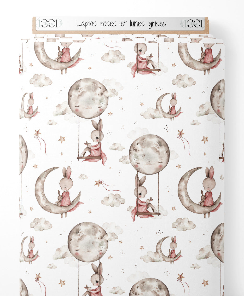 Tissu - Lapins roses et lunes grises