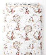 Tissu - Lapins roses et lunes grises