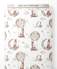 Tissu - Lapins roses et lunes grises