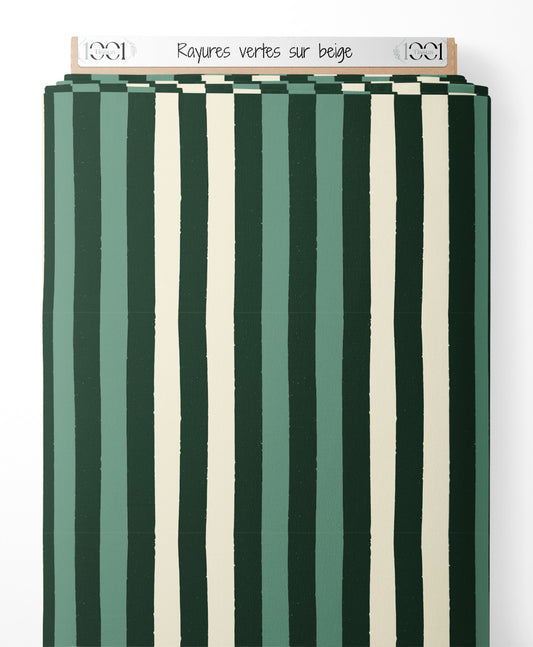 Tissu - Rayures vertes sur beige