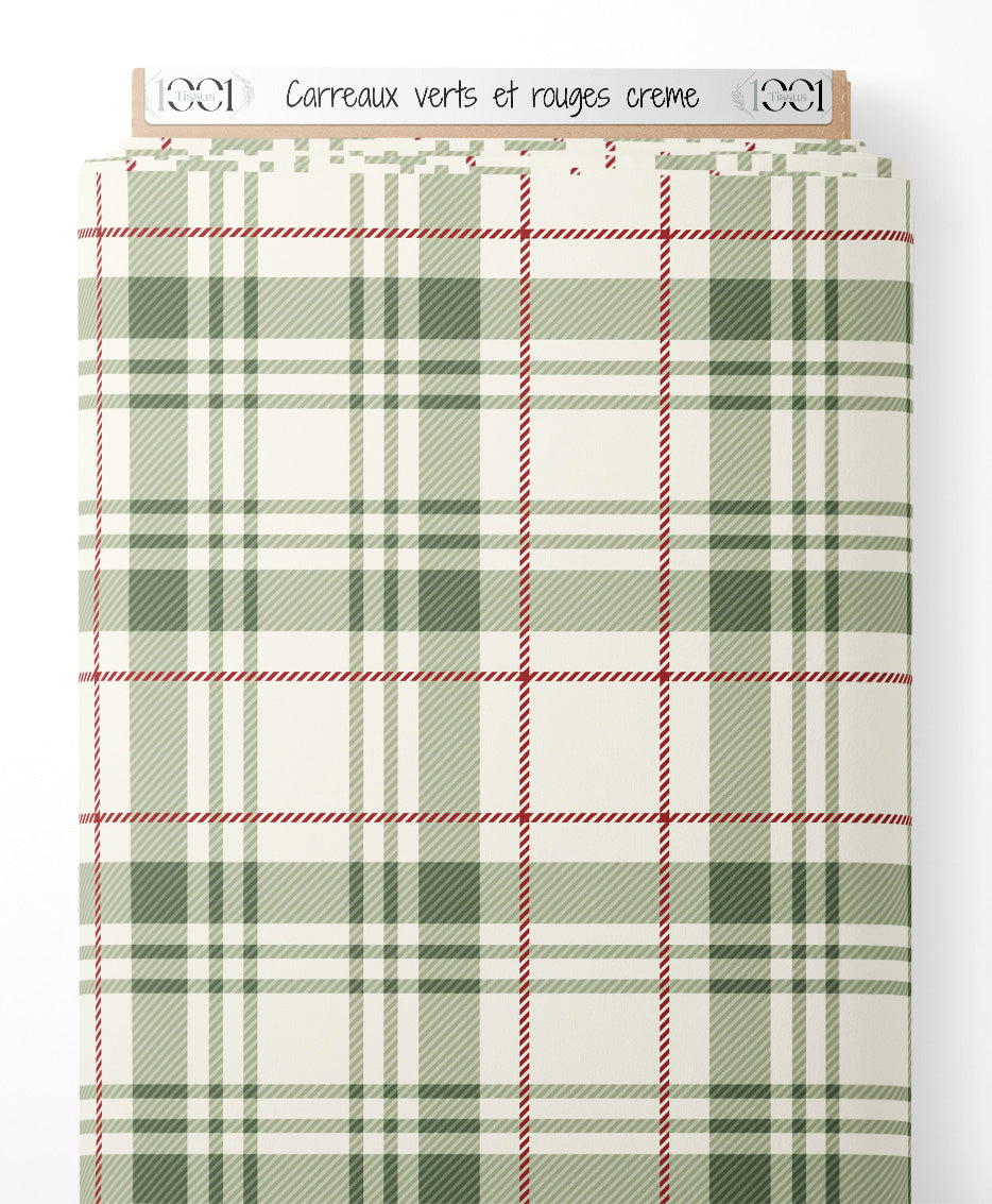 Tissu - Carreaux verts et rouges crème