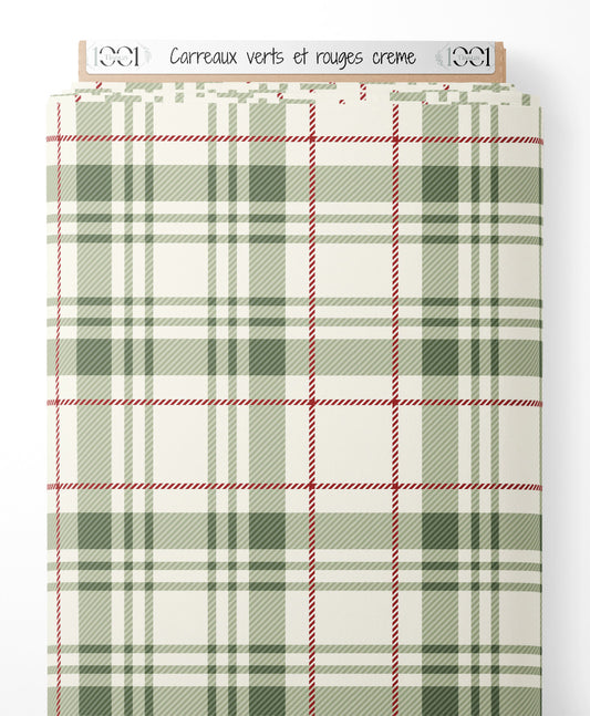 Tissu - Carreaux verts et rouges crème