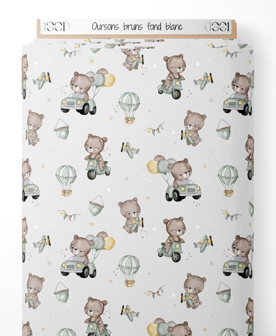 Tissu - Oursons bruns sur fond blanc