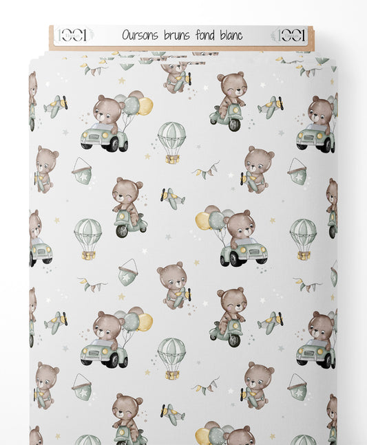 Tissu - Oursons bruns sur fond blanc