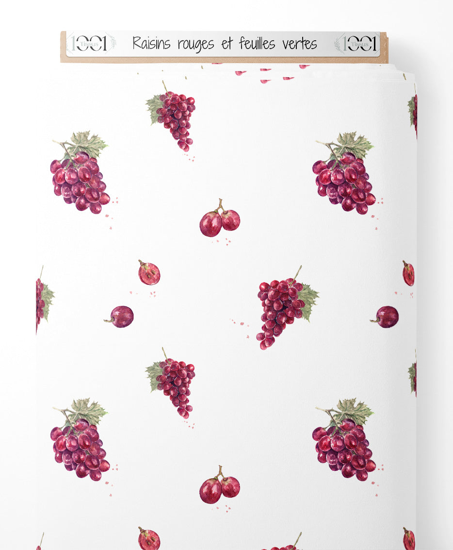 Tissu - Raisins rouges et feuilles vertes