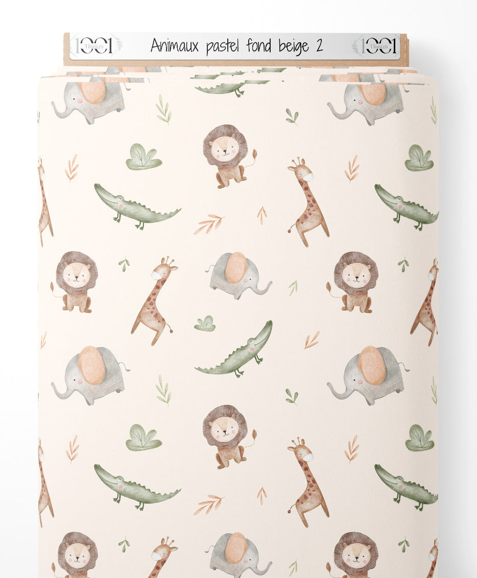Tissu - Animaux pastel sur fond beige 2