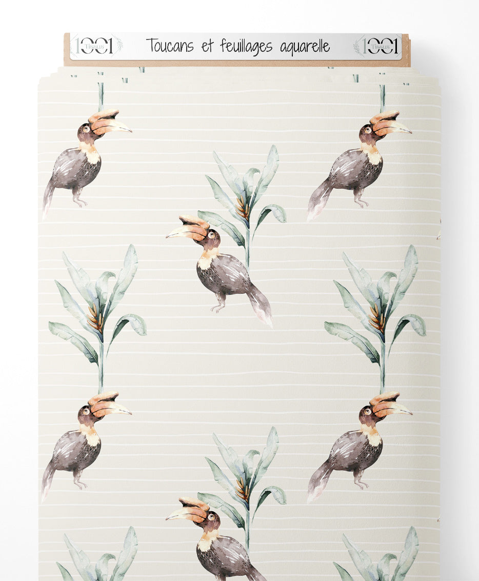 Tissu - Toucans et feuillages aquarelle