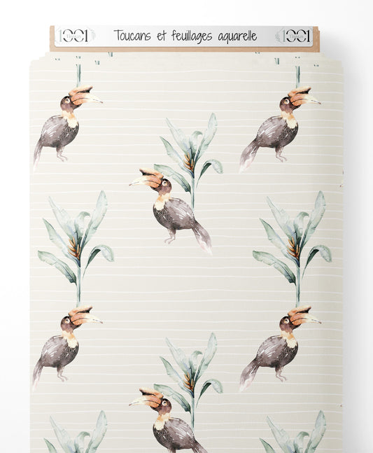 Tissu - Toucans et feuillages aquarelle
