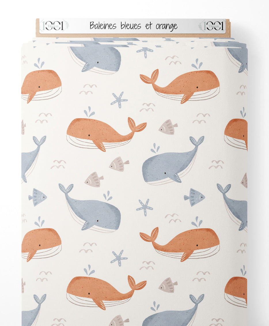 Tissu - Baleines bleues et orange