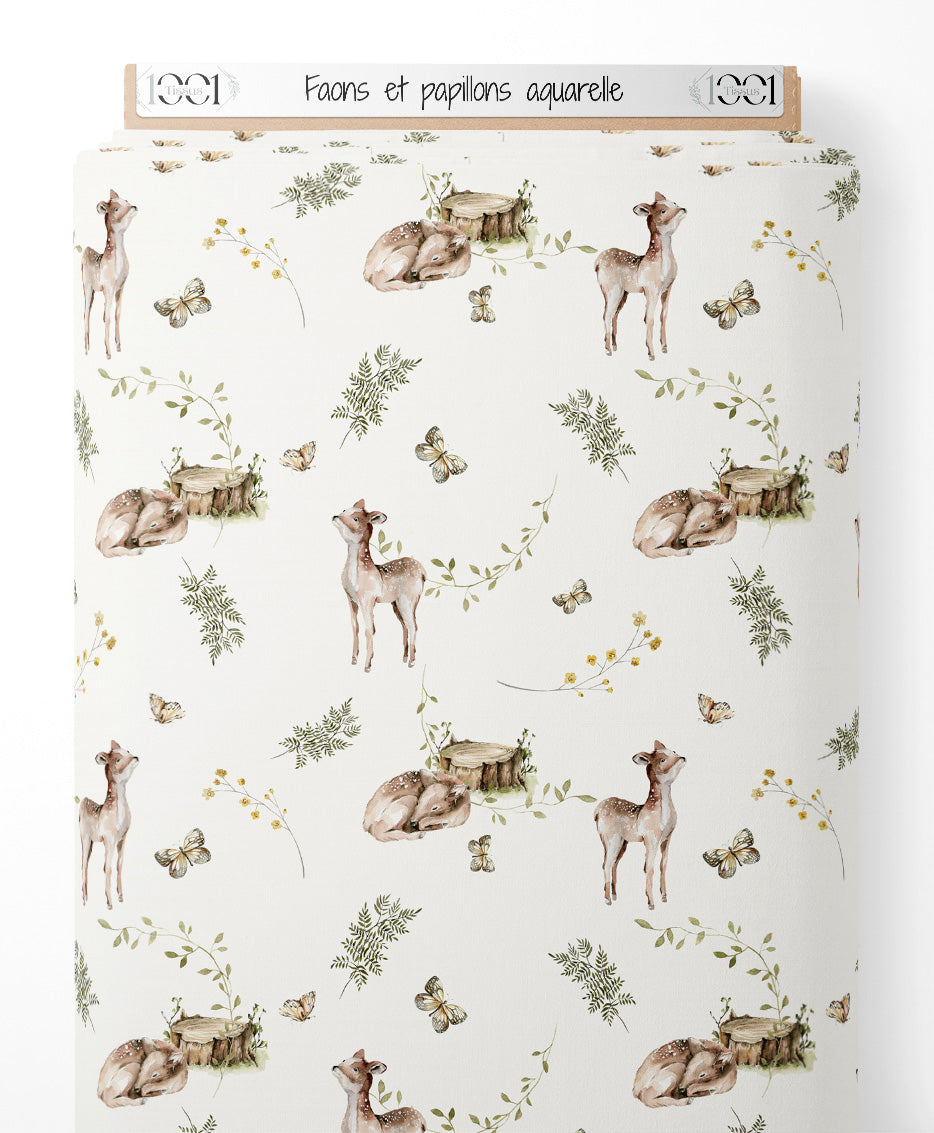 Tissu - Faons et papillons aquarelle