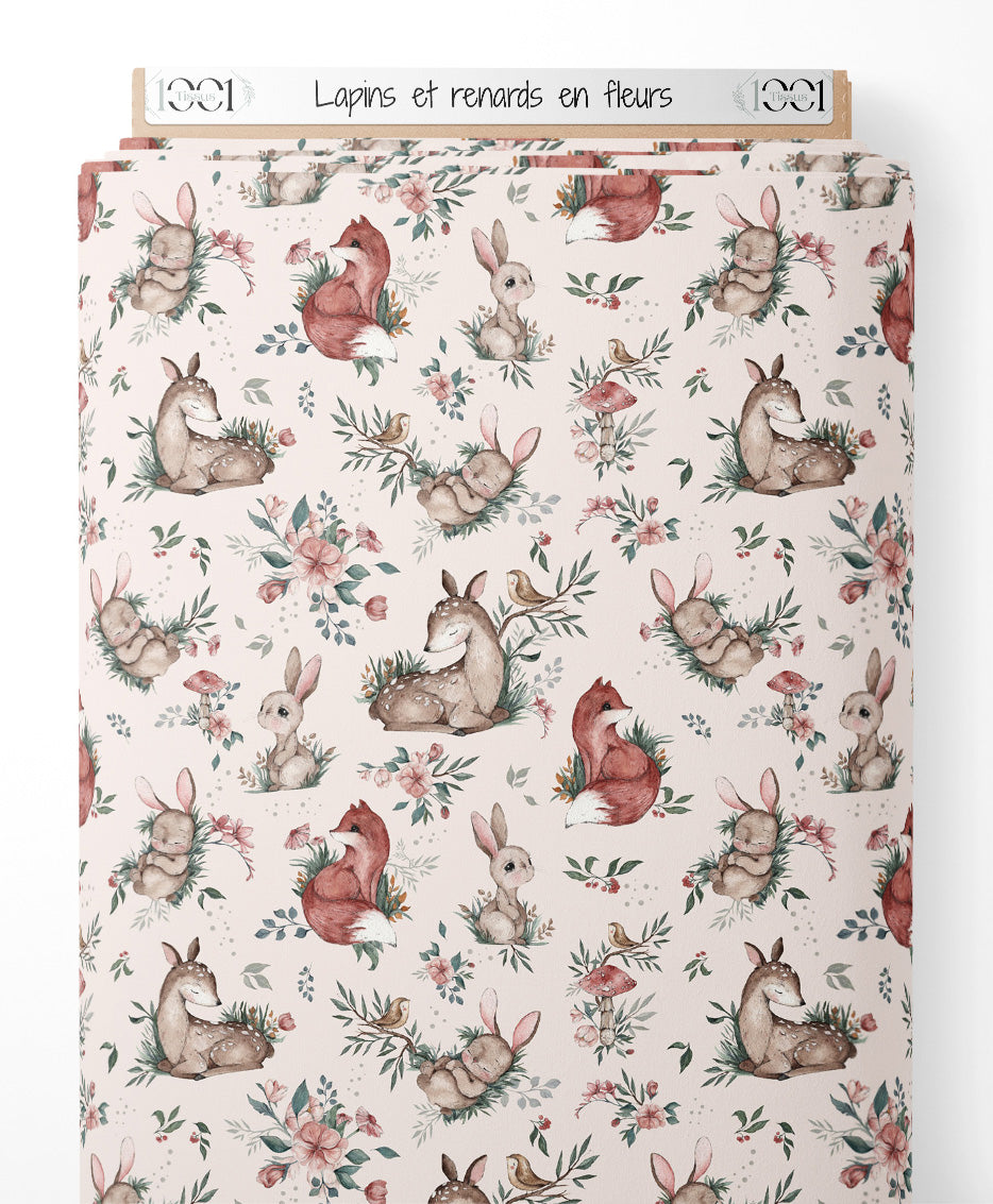 Tissu - Lapins et renards en fleurs