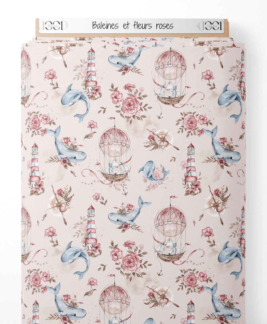 Tissu - Baleines et fleurs roses