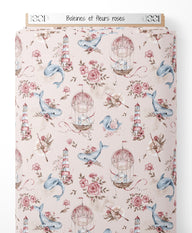 Tissu - Baleines et fleurs roses