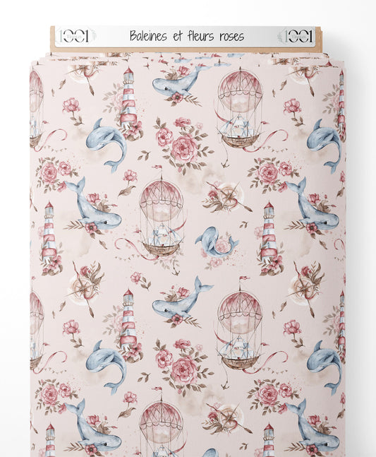 Tissu - Baleines et fleurs roses