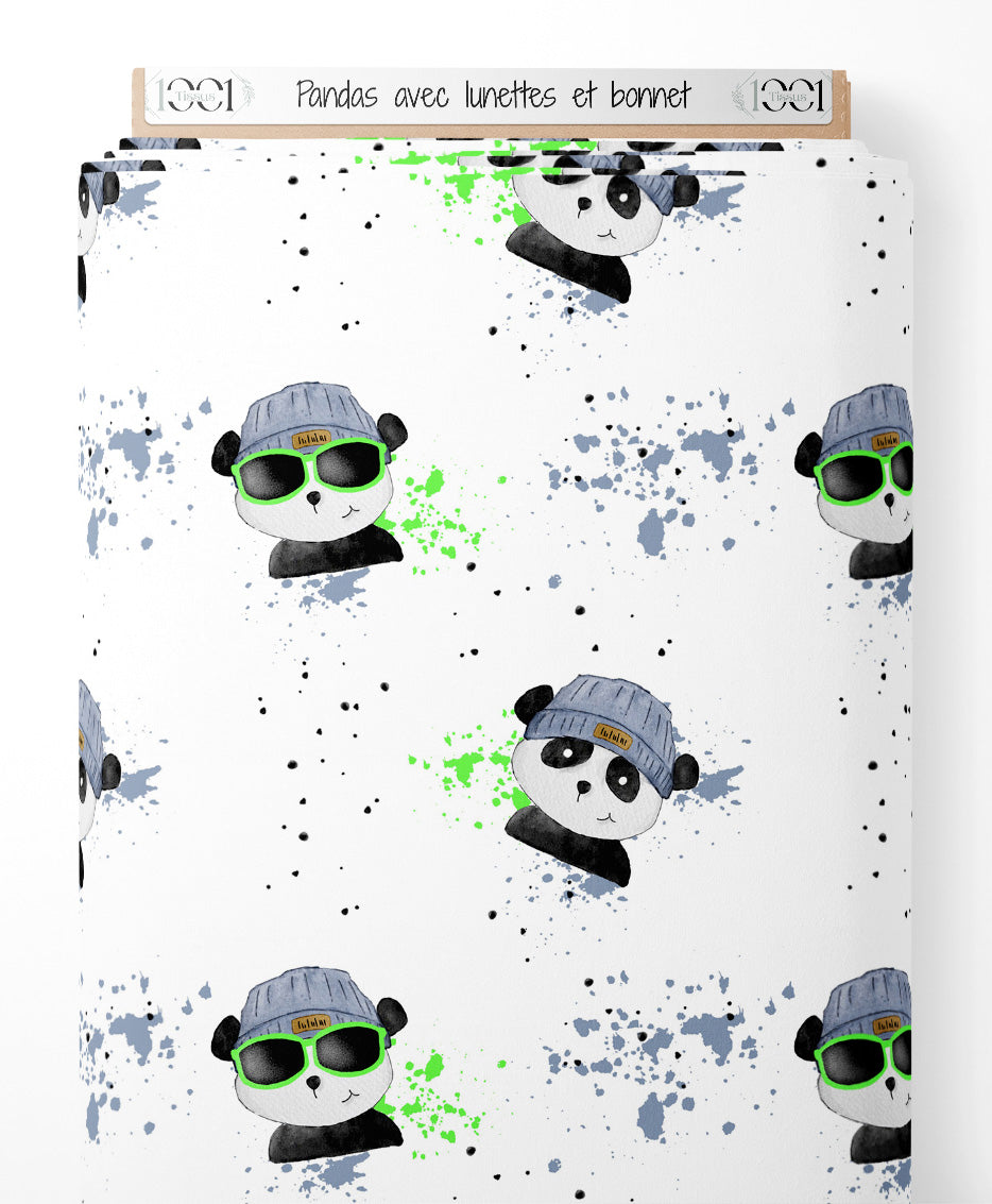 Tissu - Pandas avec lunettes et bonnet
