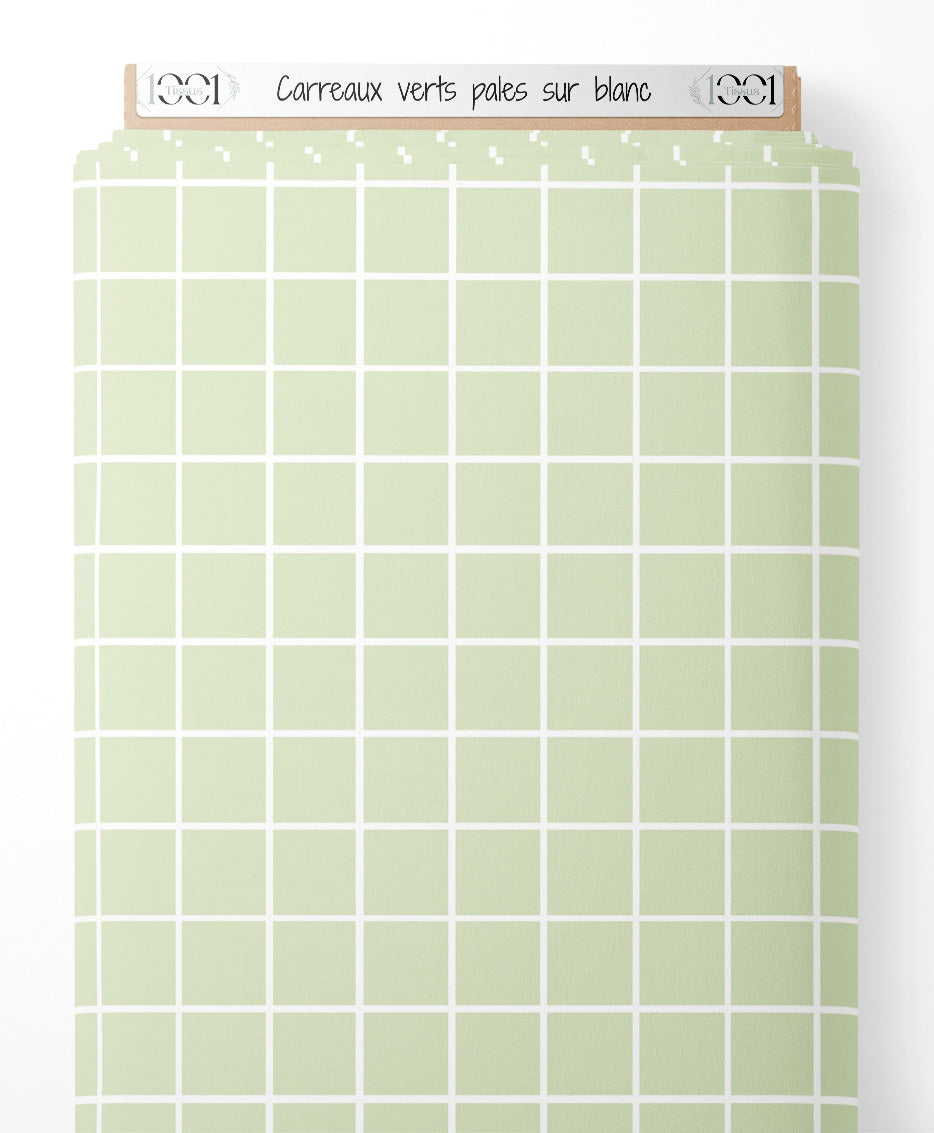 Tissu - Carreaux verts pâles sur blanc