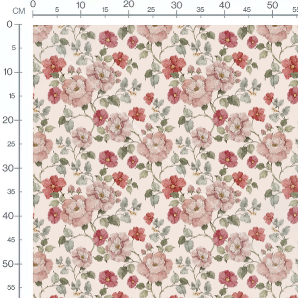Tissu - Fleurs roses et rouges sur beige