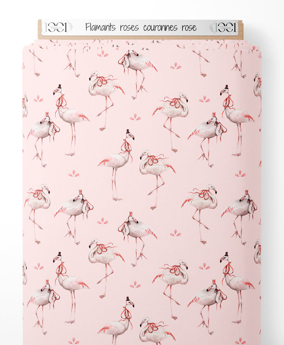 Tissu - Flamants roses couronnés rose