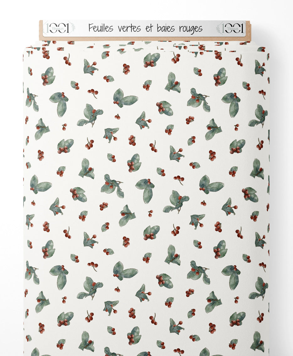 Tissu - Feuilles vertes et baies rouges