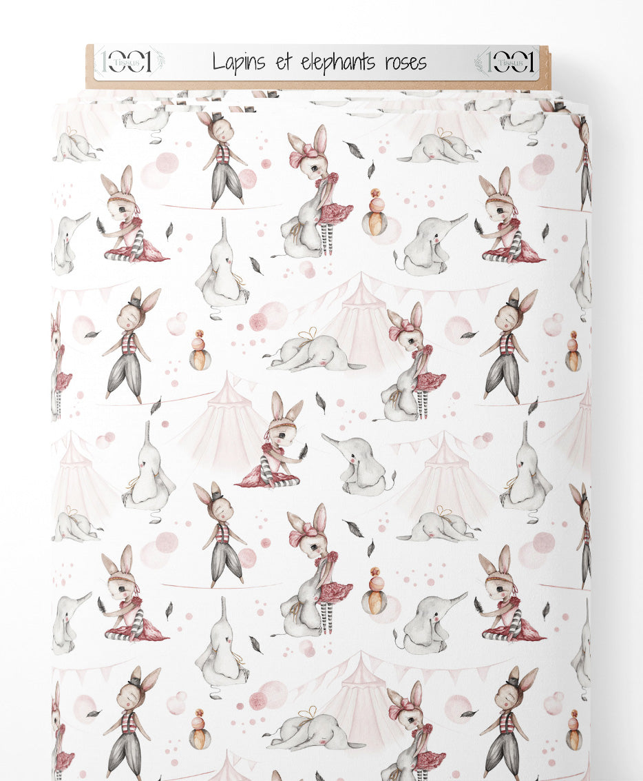 Tissu - Lapins et éléphants roses
