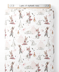 Tissu - Lapins et éléphants roses
