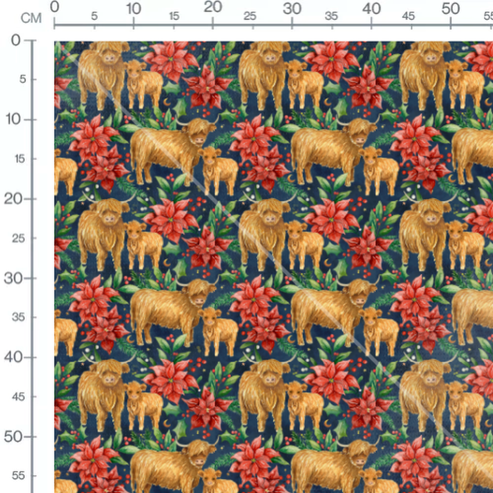 Tissu - Vaches et fleurs rouges