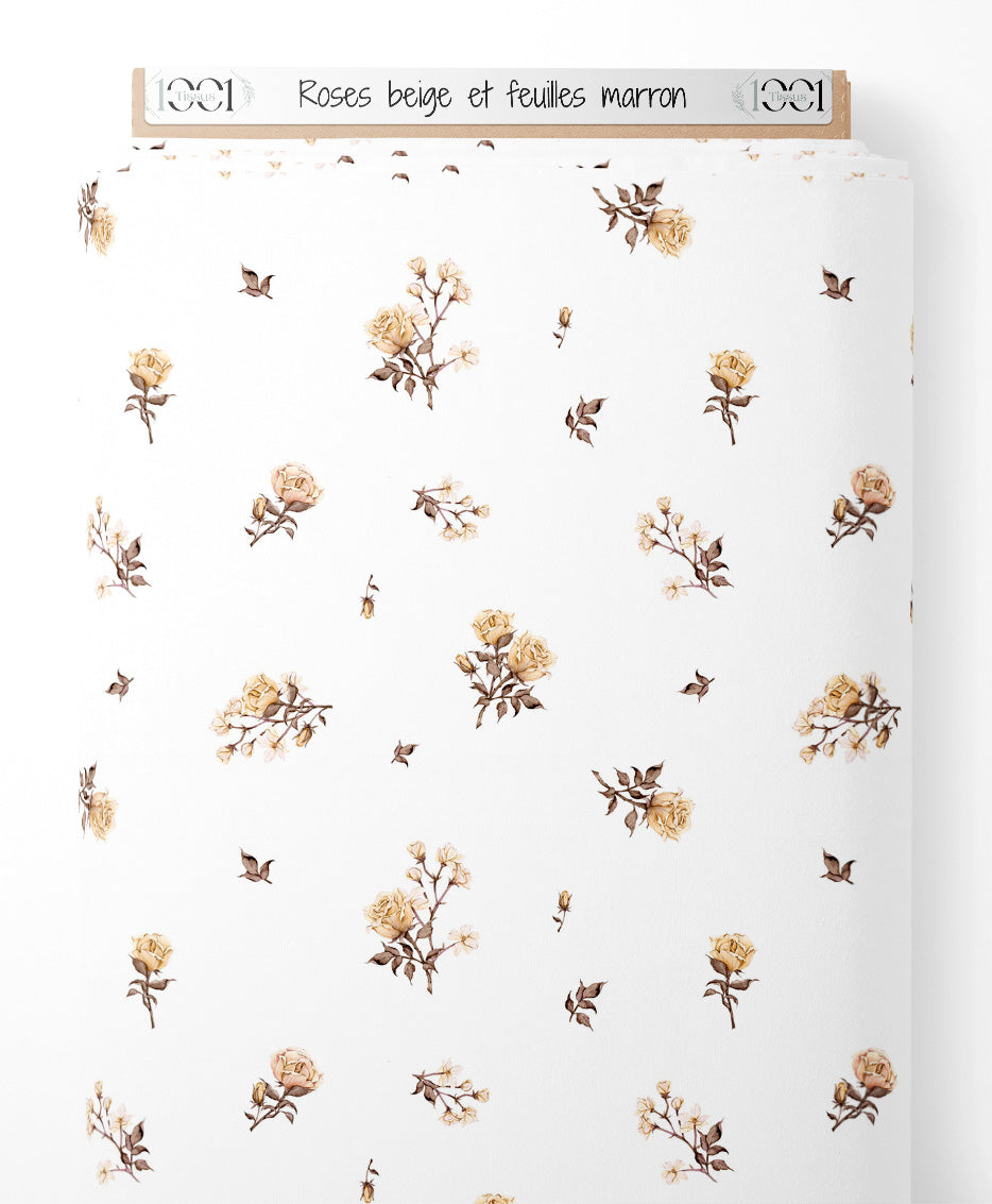 Tissu - Roses beige et feuilles marron