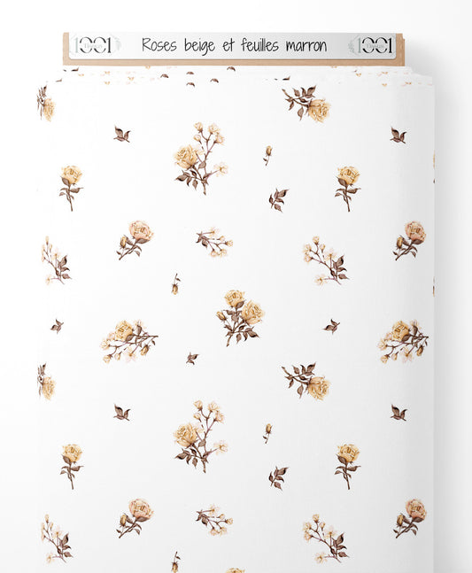 Tissu - Roses beige et feuilles marron
