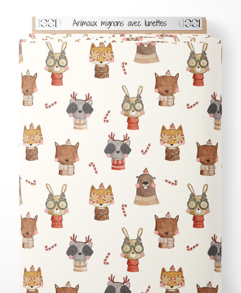Tissu - Animaux mignons avec lunettes