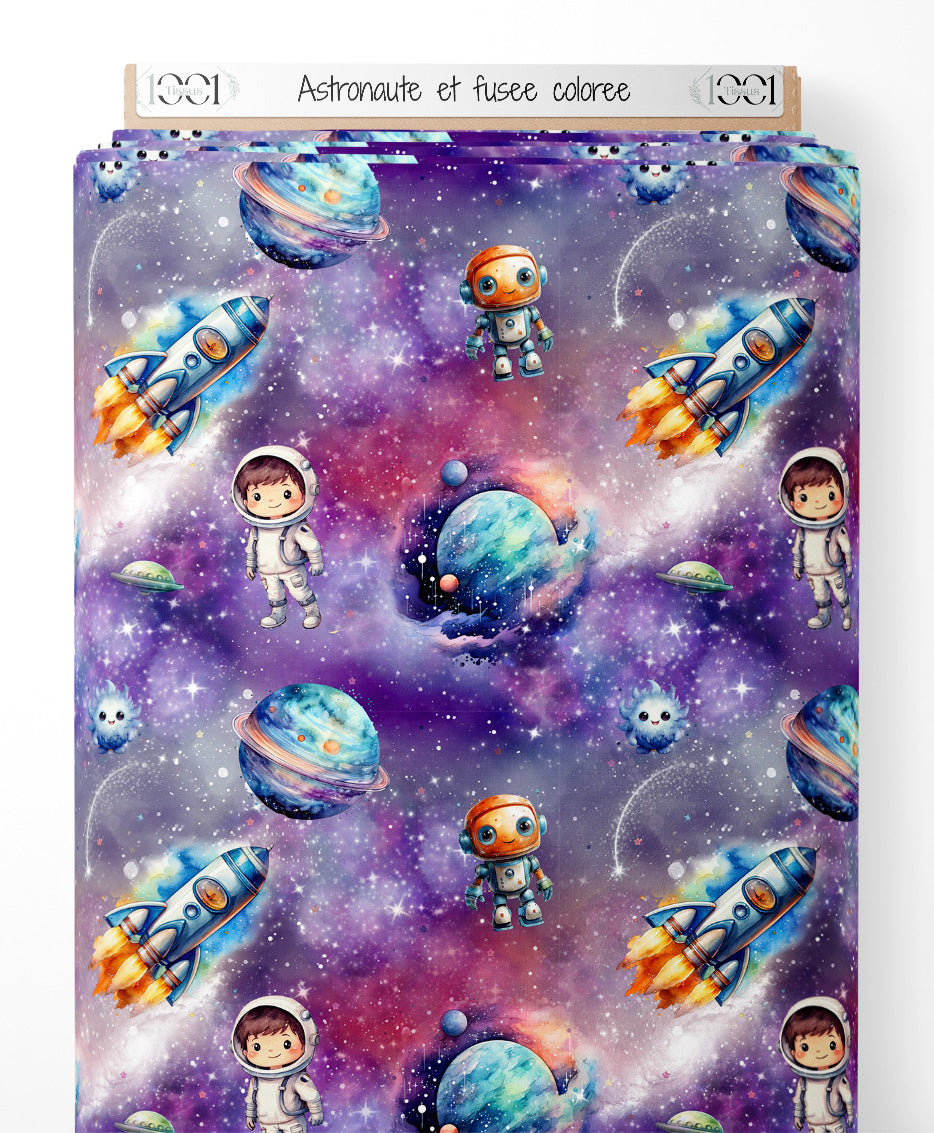 Tissu - Astronaute et fusée colorée