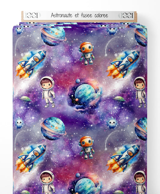 Tissu - Astronaute et fusée colorée