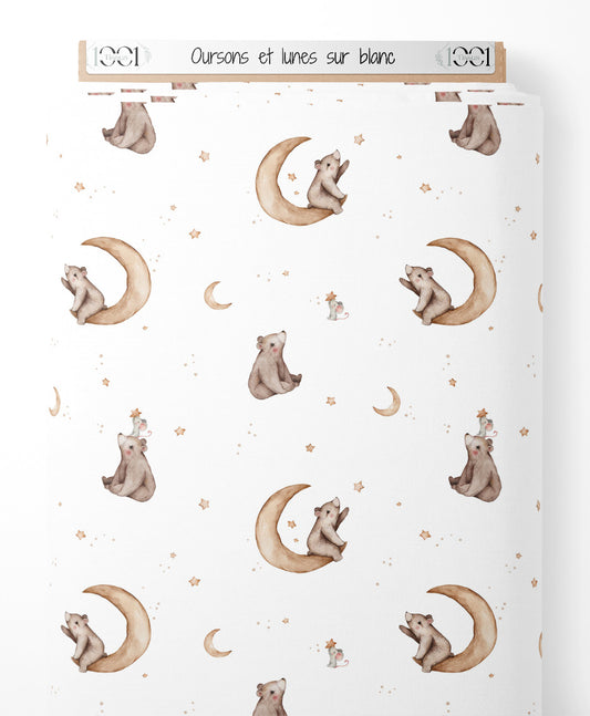 Tissu - Oursons et lunes sur blanc