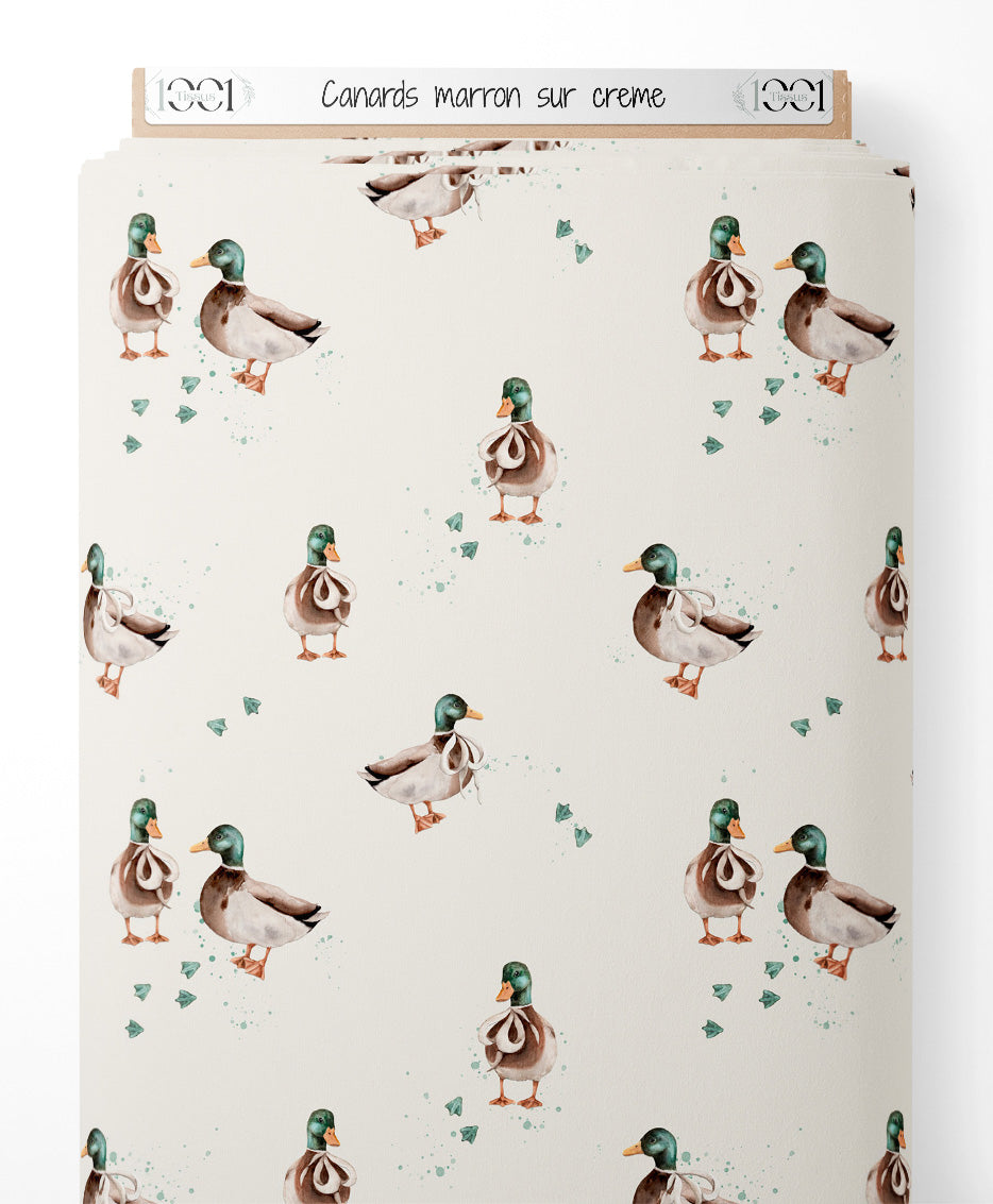 Tissu - Canards marron sur crème