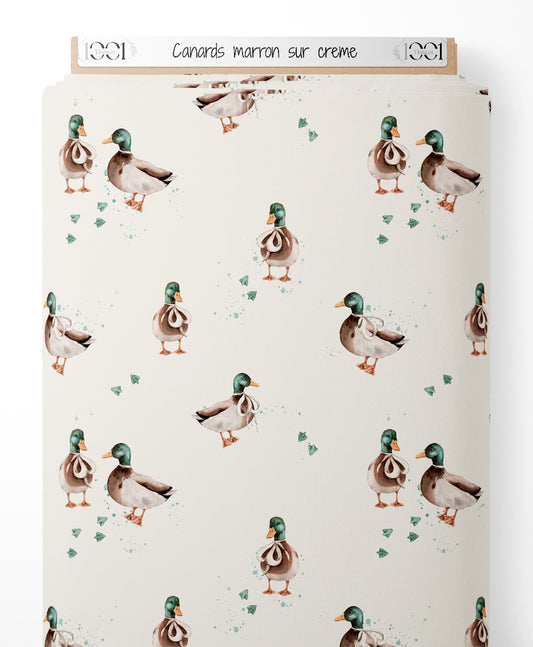 Tissu - Canards marron sur crème