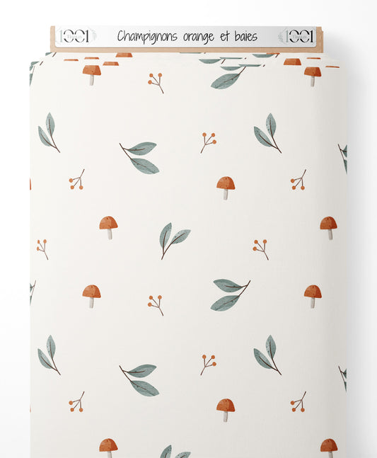 Tissu - Champignons orange et baies