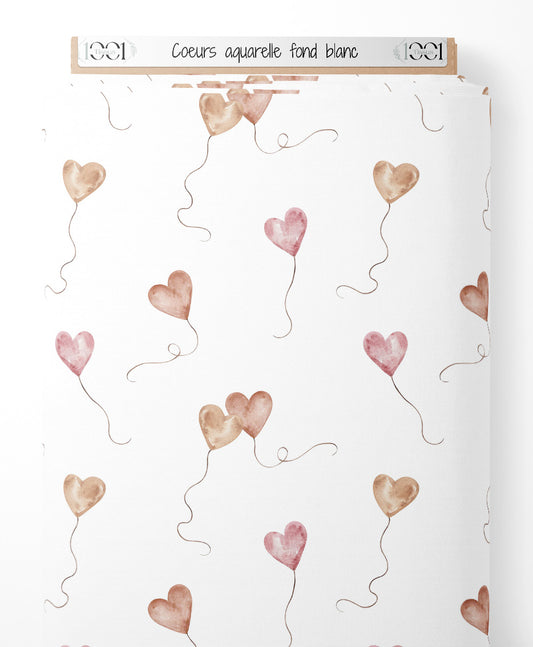 Tissu - Cœurs aquarelle sur fond blanc