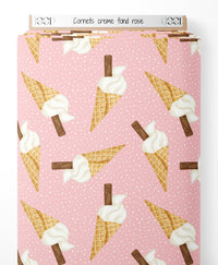 Tissu - Cornets crème sur fond rose