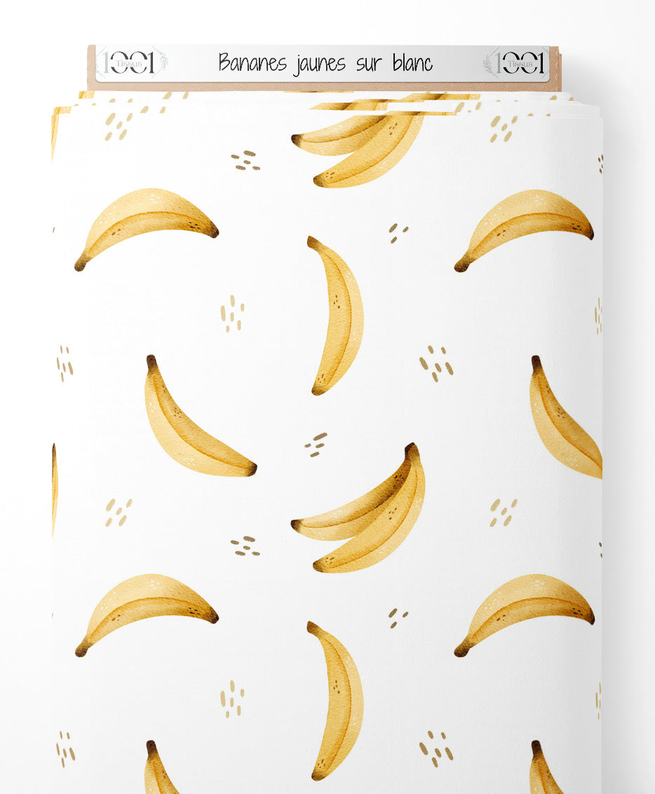 Tissu - Bananes jaunes sur blanc