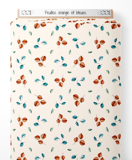 Tissu - Feuilles orange et bleues