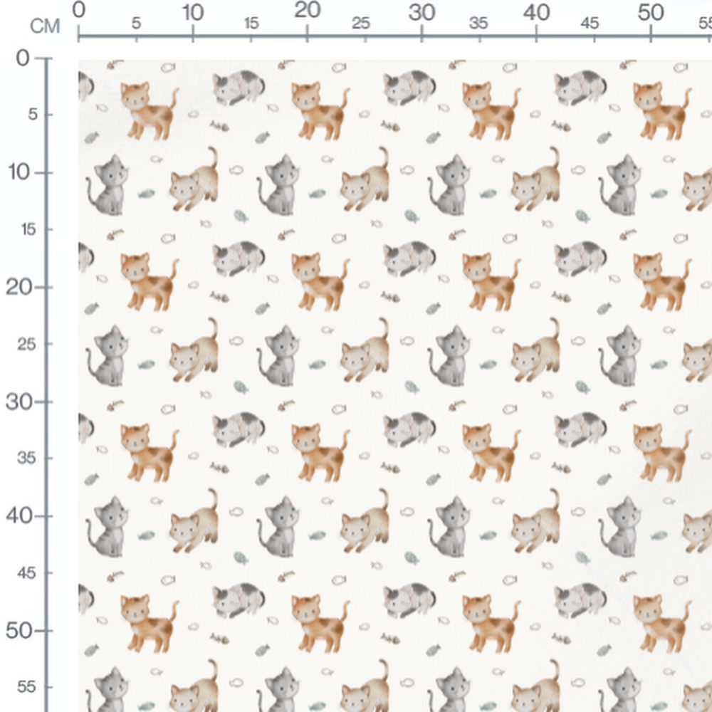 Tissu - Chats marron et poissons gris