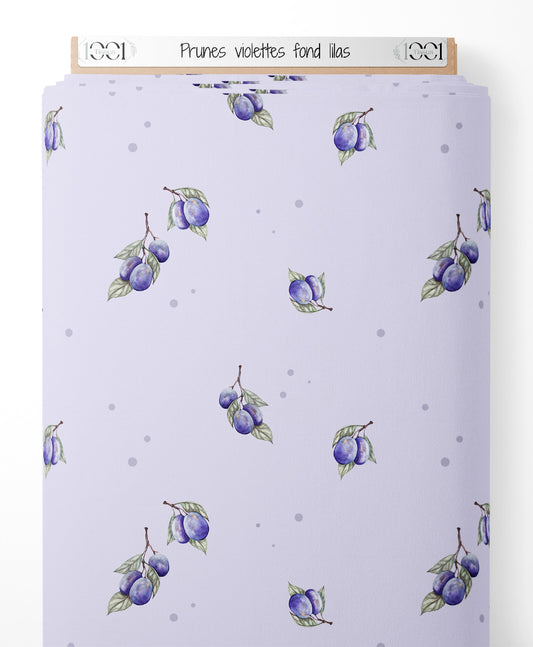 Tissu - Prunes violettes sur fond lilas