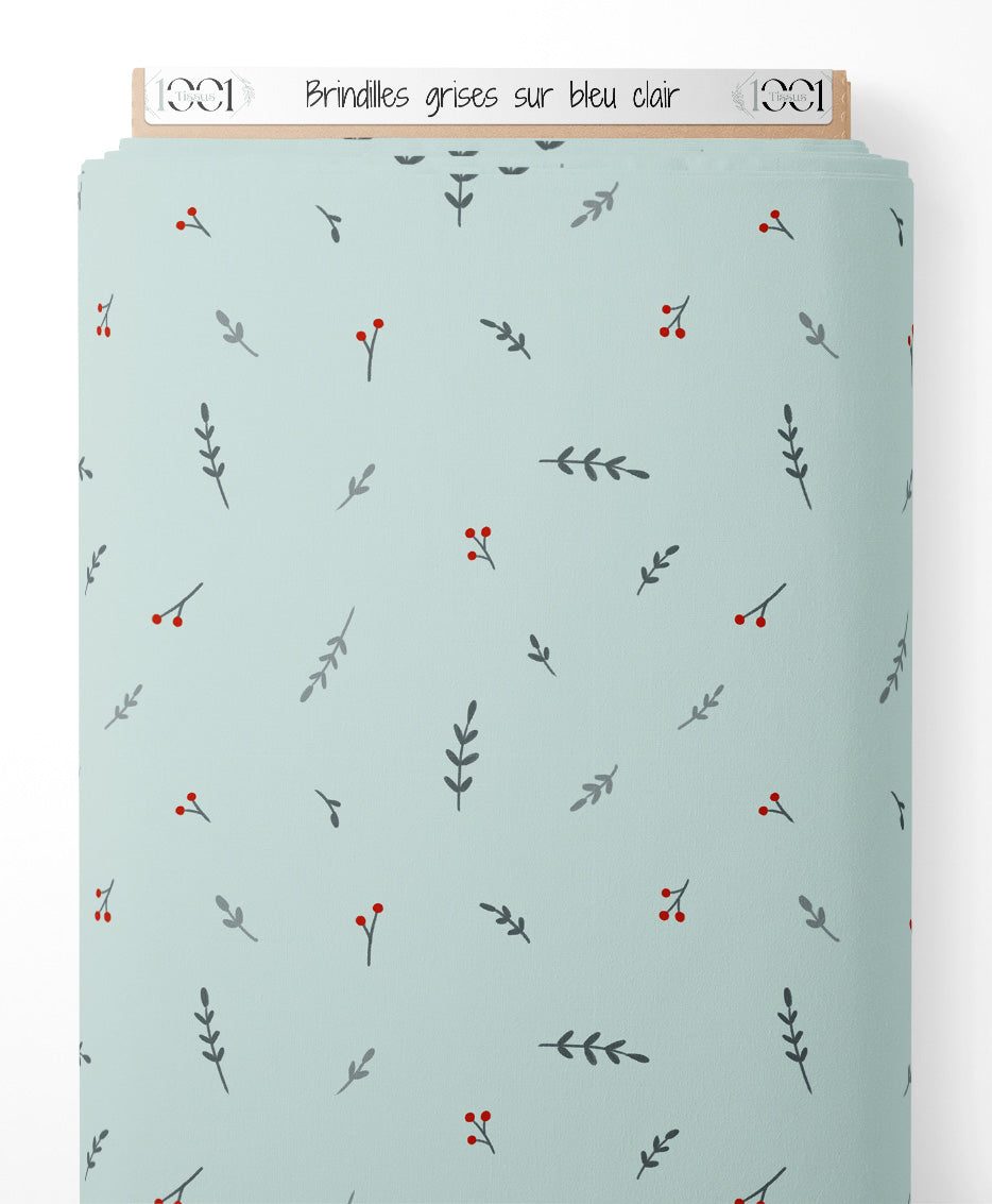 Tissu - Brindilles grises sur bleu clair