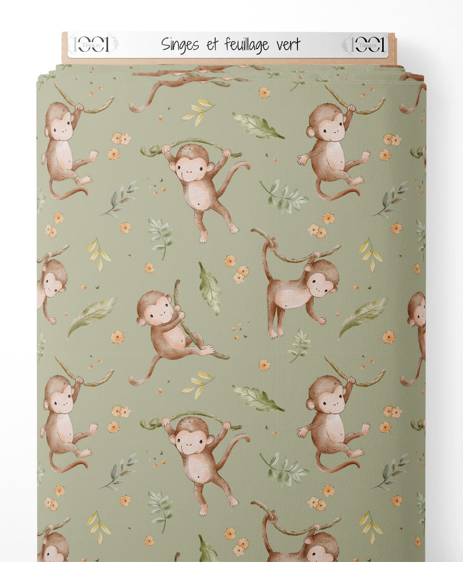 Tissu - Singes et feuillage vert