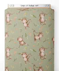 Tissu - Singes et feuillage vert